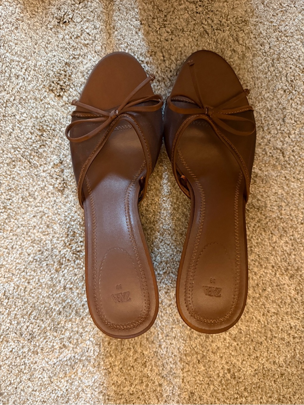 Zara Brown Bow Slide Mules